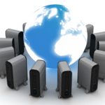 graphic of servers arranged in a circle around an image of the earth