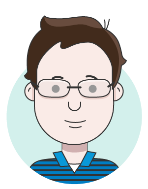 illustration of person with brown hair, glasses, and a black and blue striped shirt