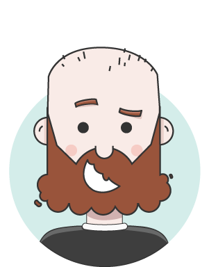 illustration of person with shaved head and red bear wearing a black t-shirt