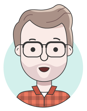 illustration of person with blond hair, glasses, and a short beard wearing a red checked shirt