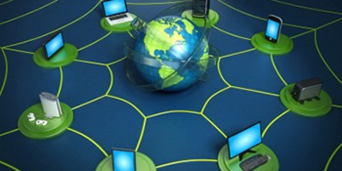 graphic showing circle of computers and a server with image of earth in the center